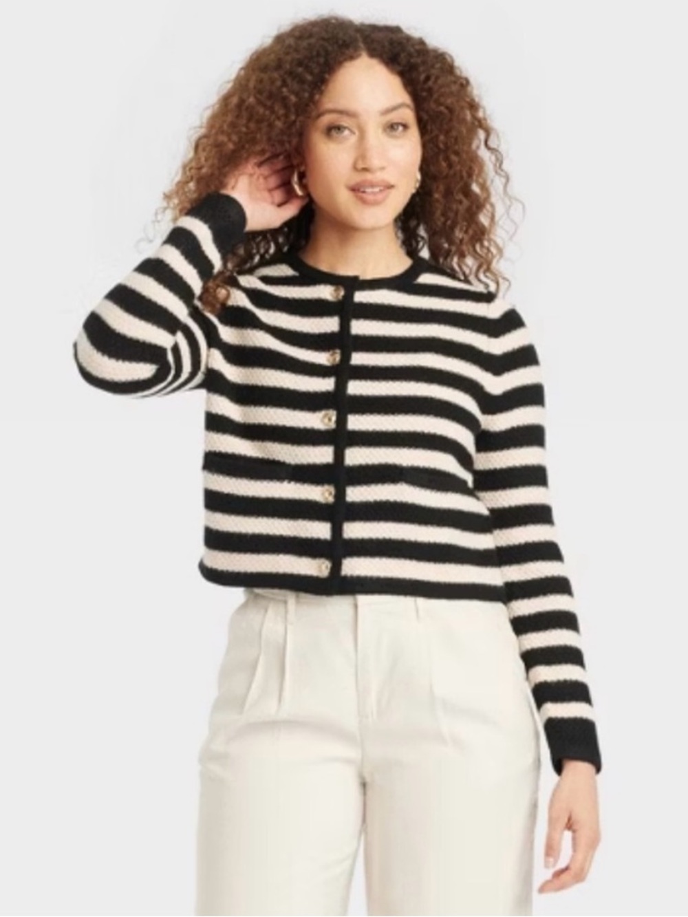 A New Day | Nautical Striped Textured Knit Button Cardigan | Beige/Black, XS